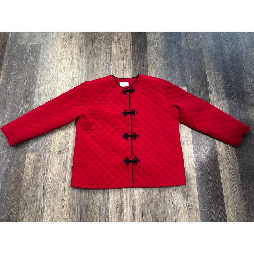 Susan Graver Style Red Quilted‎ Jacket Black Frog Closure Toggle Women Large